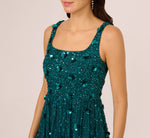 Sleeveless Floral Beaded Ruffle Midi Dress In Deep Azure 4