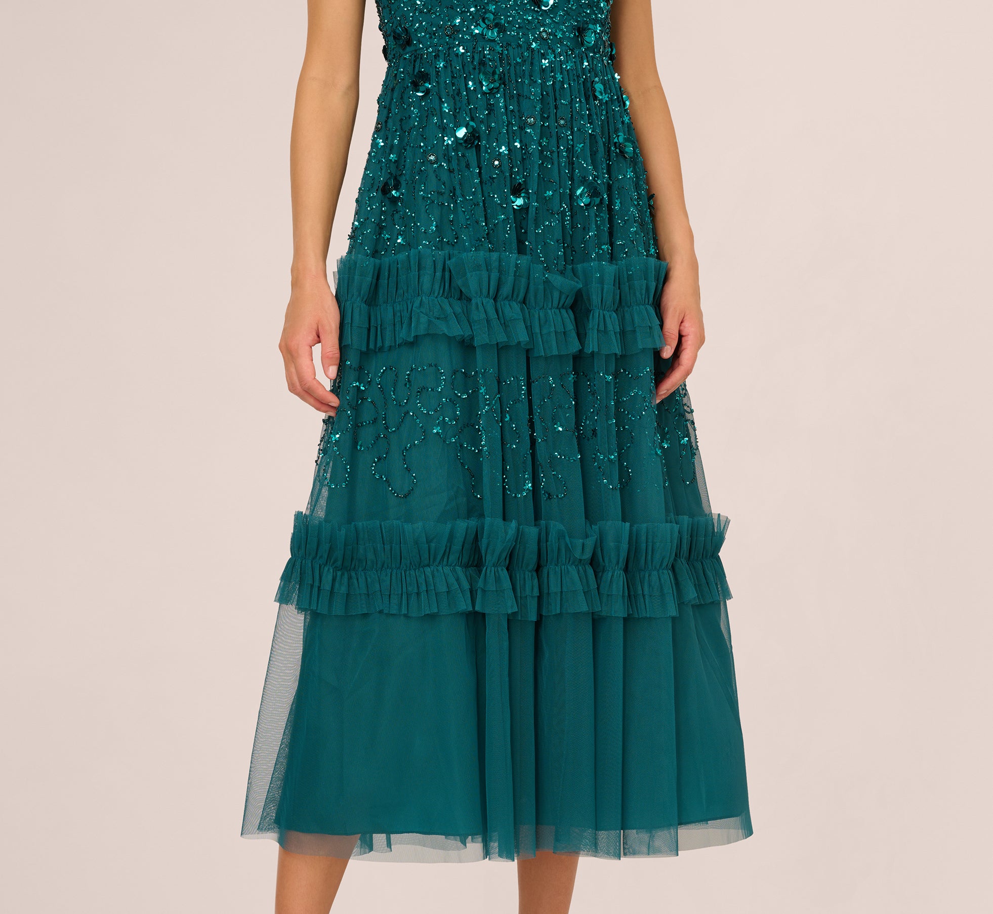 Green Sleeveless Floral Beaded Ruffle Midi Dress