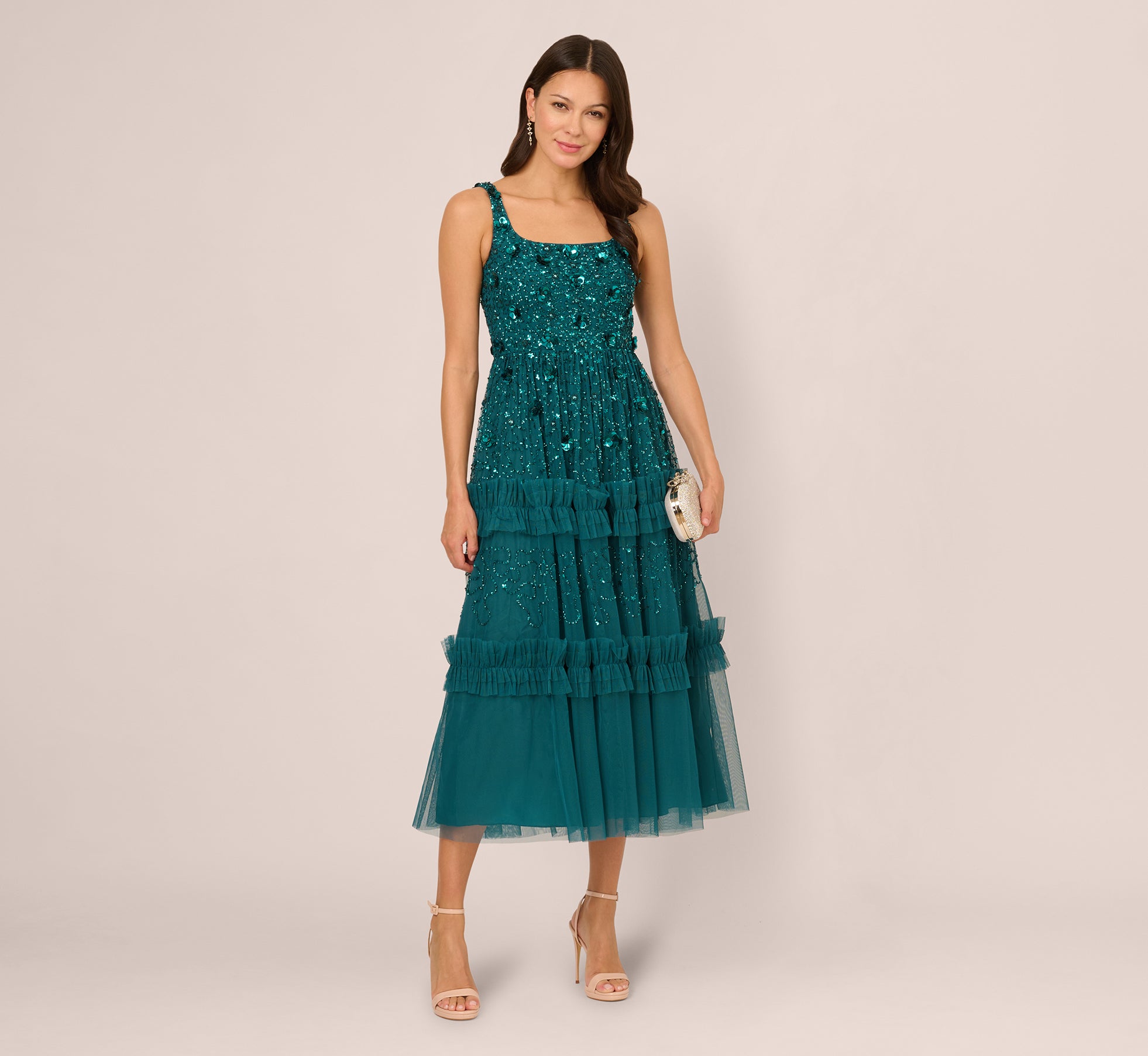 Green Sleeveless Floral Beaded Ruffle Midi Dress - Adrianna Papell Green Sleeveless Floral Beaded Ruffle Midi Dress - Adrianna Papell