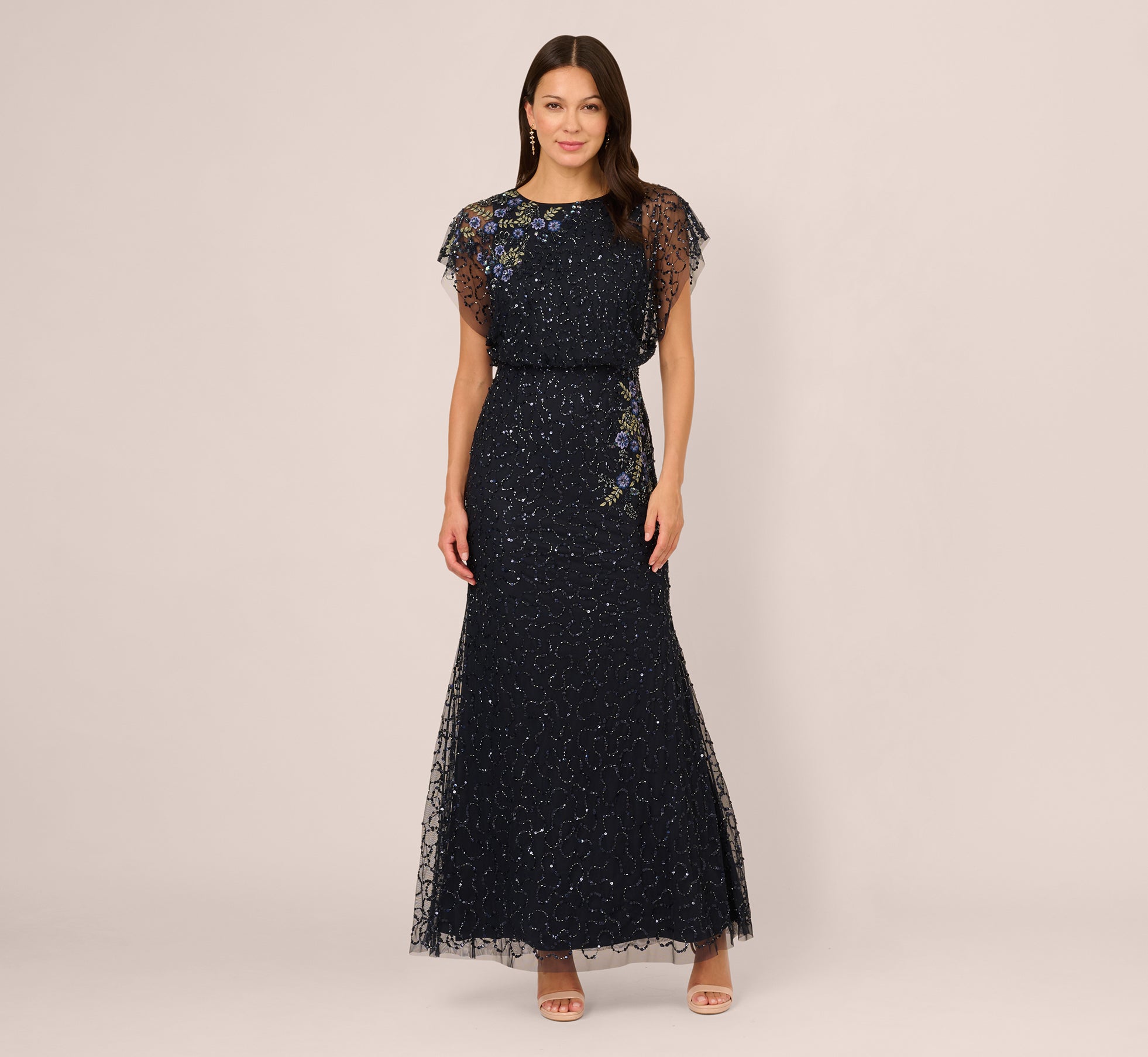 Adrianna Papell Women's Beaded Lace Blouson Boat Neck Dress