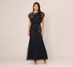 Short Sleeve Beaded Floral Embroidery Gown In Midnight Multi 2
