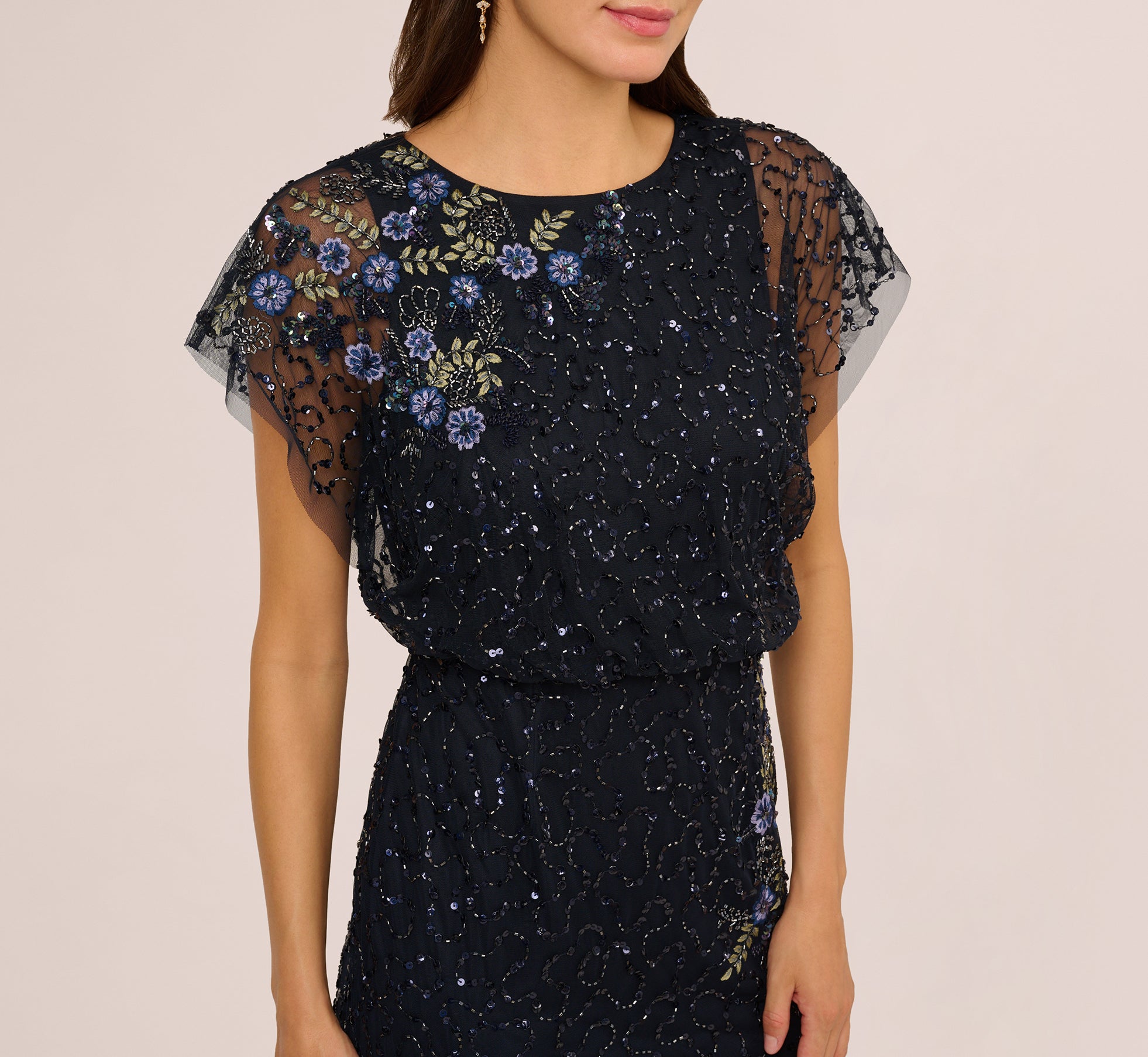 Navy Short Sleeve Beaded Floral Embroidery Gown