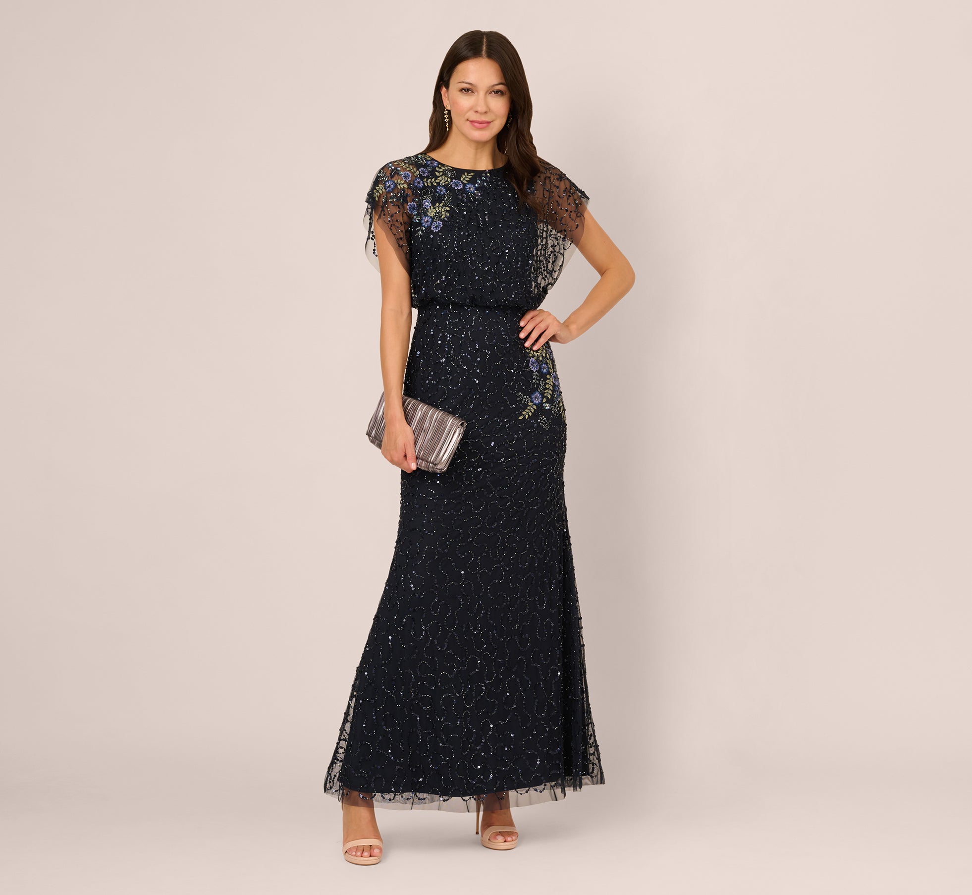Short Sleeve Beaded Floral Embroidery Gown In Midnight Multi 1