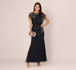 Short Sleeve Beaded Floral Embroidery Gown In Midnight Multi 1