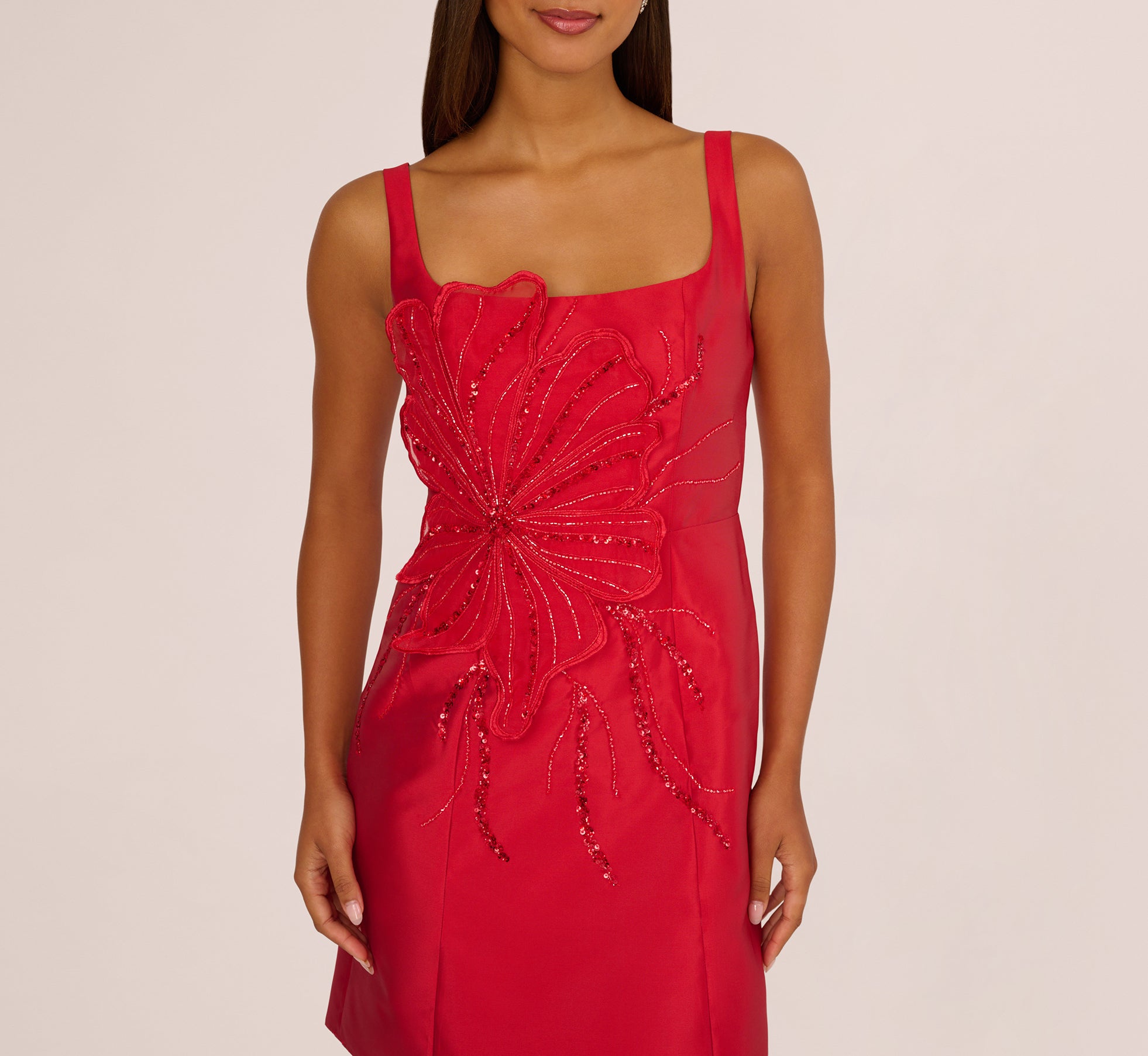 Sleeveless 3D Floral Beaded Cocktail Dress In Red - Adrianna Papell Sleeveless 3D Floral Beaded Cocktail Dress In Red - Adrianna Papell