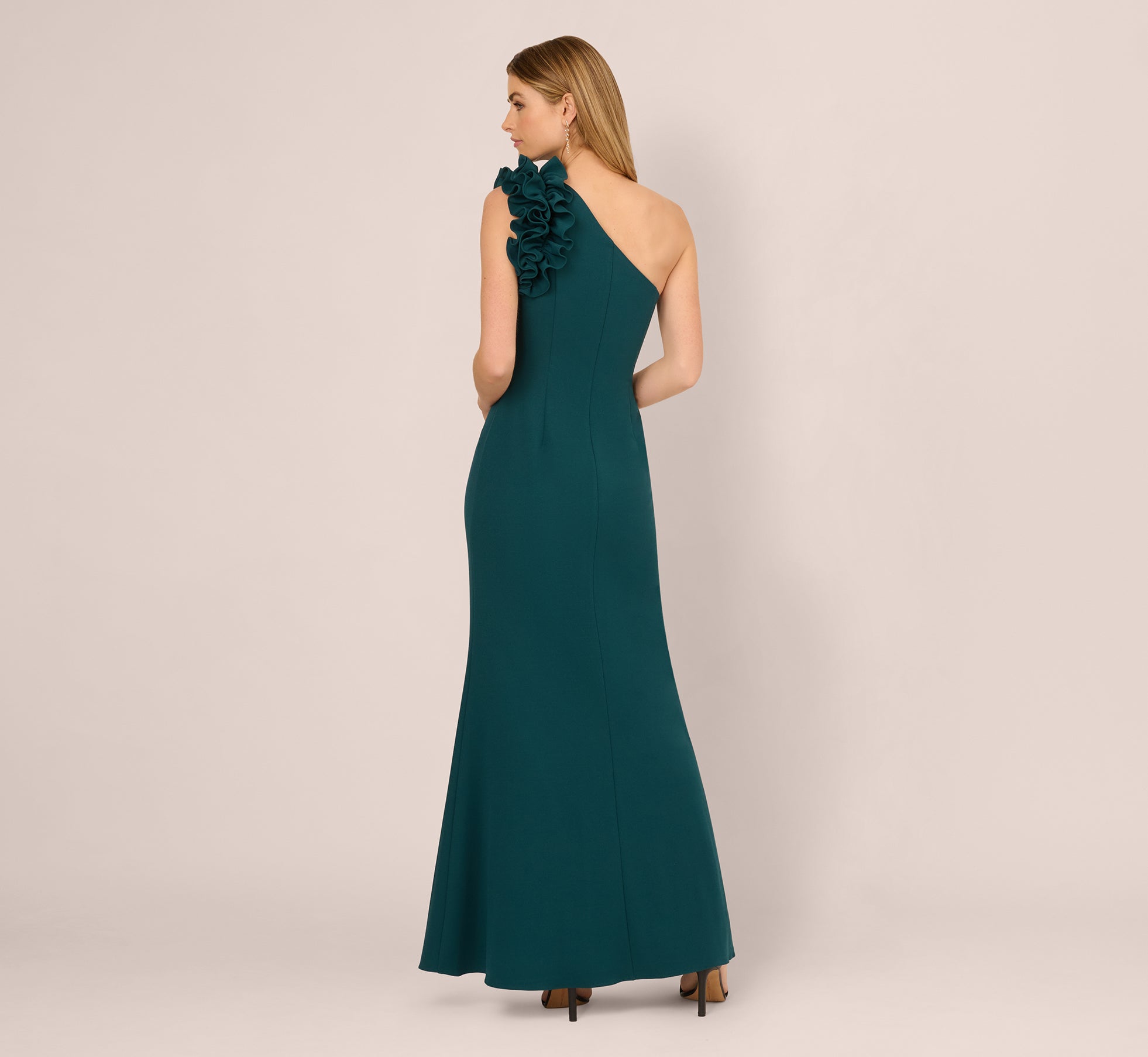 Dark Green One Shoulder Ruffle Mermaid Gown - Adrianna Papell