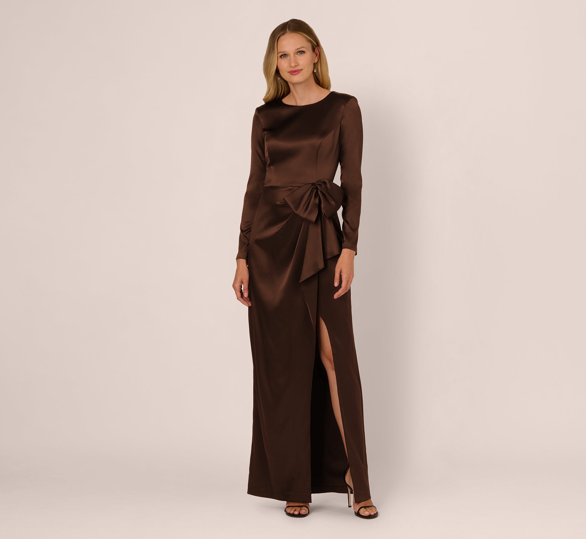 bow dress long sleeve Satin Gown In Chocolate, Chocolate / Regular / 12 5% Elastane) Premium satin Sleeves_off-shoulders Size:XL (Buy Now) SWEETSOCIETY Sweet Society Pink
