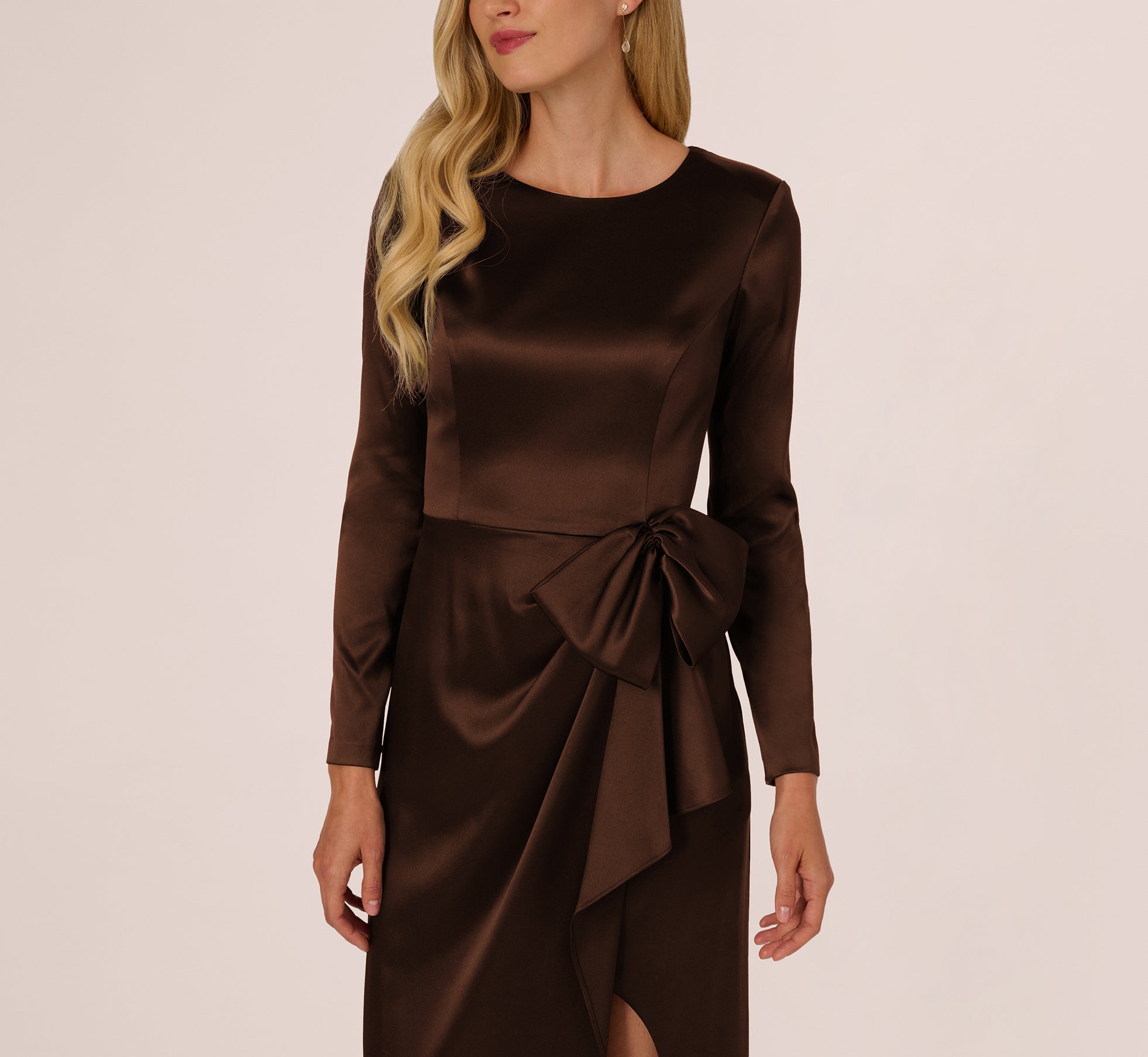 Brown Long Sleeve Satin Bow Gown Brown Long Sleeve Satin Bow Gown