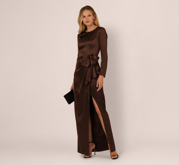 Long Sleeve Satin Bow Gown In Chocolate, Chocolate / Regular / 12