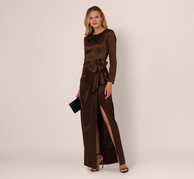Long Sleeve Satin Bow Gown In Chocolate, Chocolate / Regular / 12