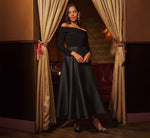 Off Shoulder Long Sleeve Mikado Combo Gown In Black 1