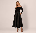 Off Shoulder Long Sleeve Mikado Combo Gown In Black 3