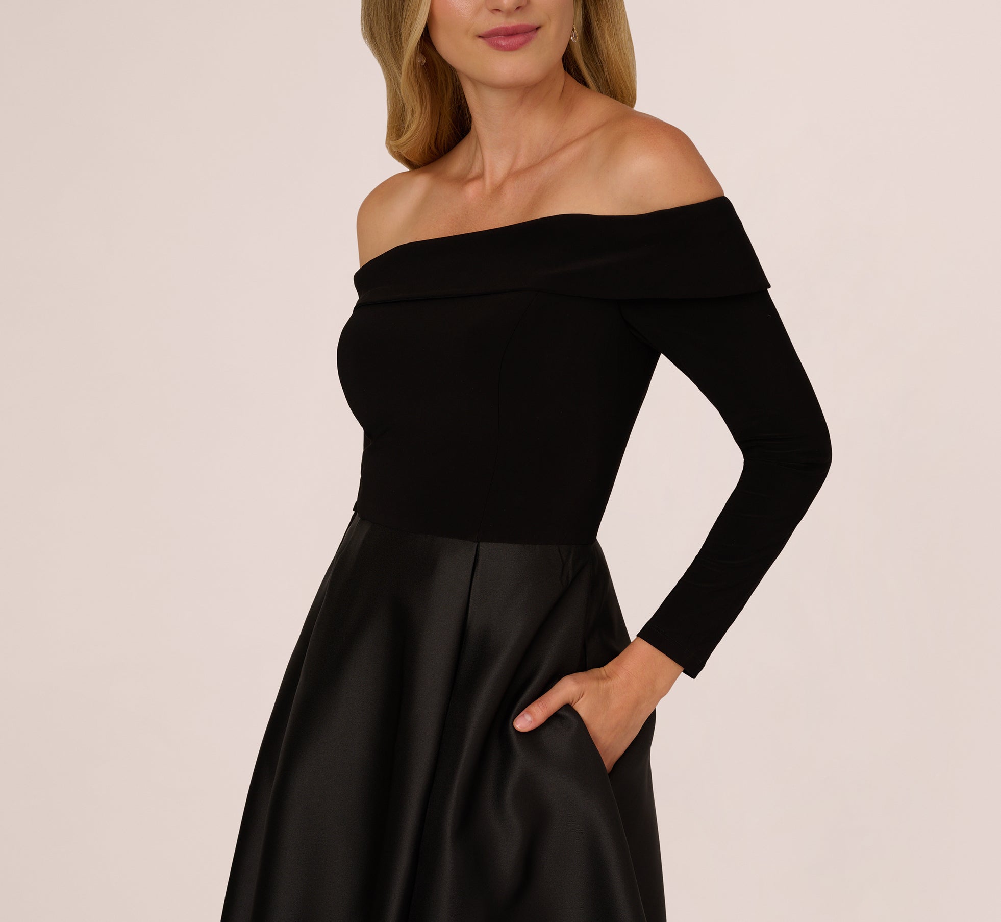 mikado off the shoulder shift dress Black Off Shoulder Long Sleeve Mikado Combo Gown