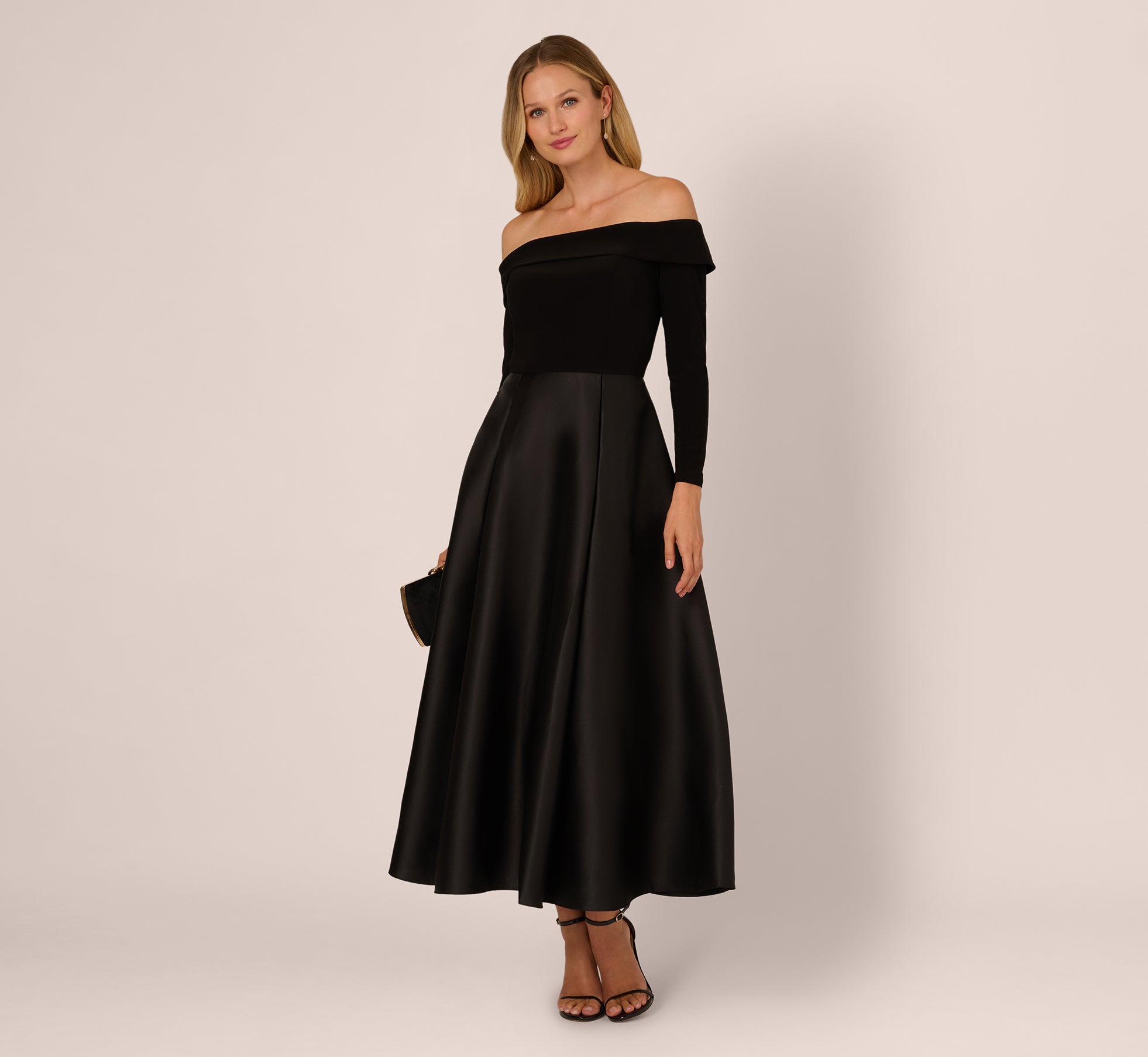 Black Off Shoulder Long Sleeve Mikado Combo Gown