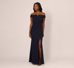 Beaded Off Shoulder Glitter Tweed Gown In Navy 2