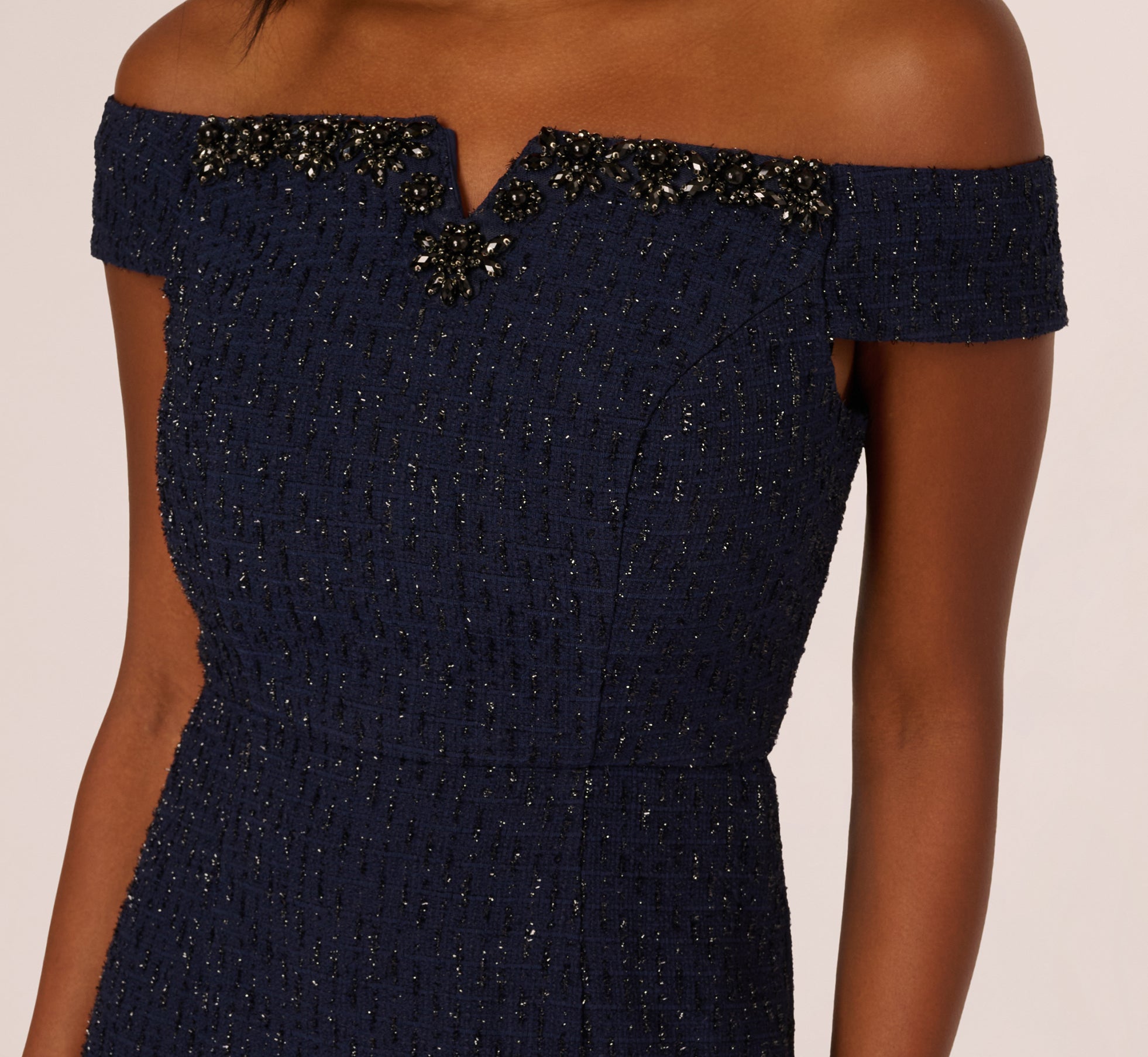 Navy Beaded Off Shoulder Glitter Tweed Gown - Adrianna Papell