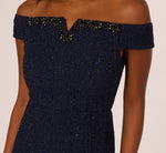 Beaded Off Shoulder Glitter Tweed Gown In Navy 3