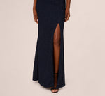Beaded Off Shoulder Glitter Tweed Gown In Navy 4