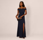 Beaded Off Shoulder Glitter Tweed Gown In Navy 1