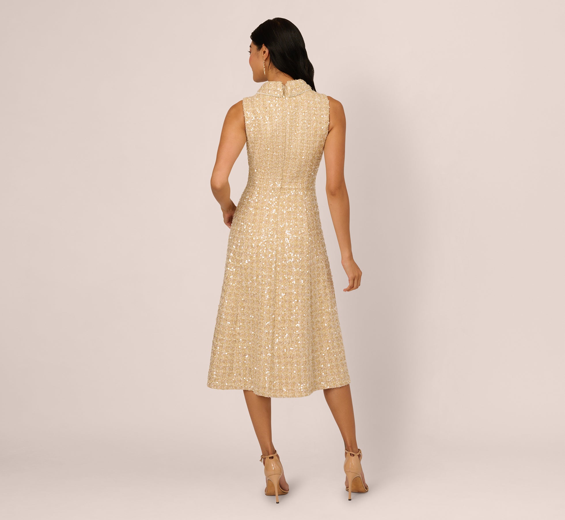 adrianna papell midi dress Collared Sequin Tweed Midi Dress In Champagne