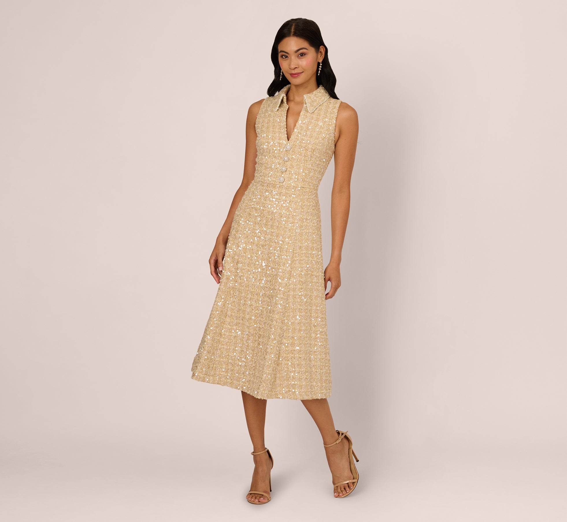 Collared Sequin Tweed Midi Dress In Champagne