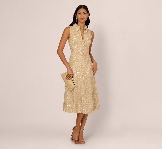 Collared Sequin Tweed Midi Dress In Champagne Collared Sequin Tweed Midi Dress In Champagne