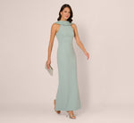 Beaded Roll Neck Column Gown In Aqua Dust 1