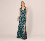 Floral Jacquard Shawl Collar Gown In Navy Multi 2