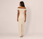 Off Shoulder Pearly Beaded Column Gown In Ivory Nude 5
