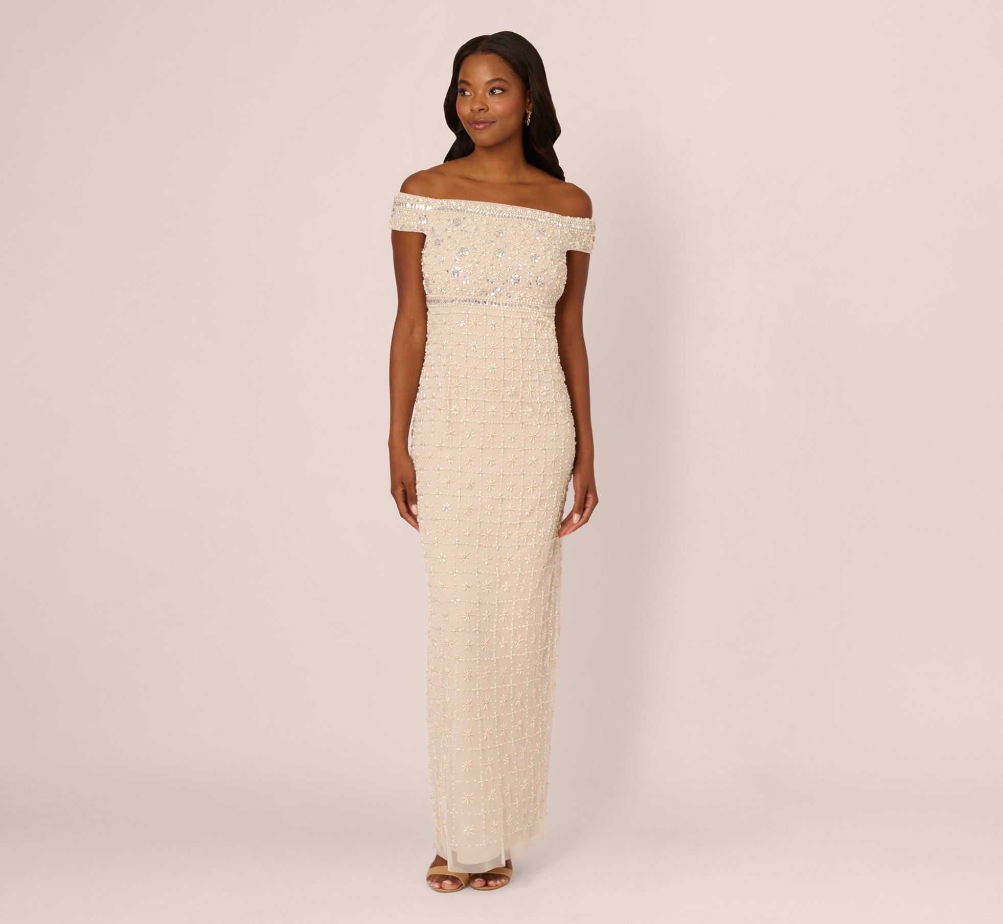 Off Shoulder Pearly Beaded Column Gown In Ivory Nude - Adrianna Papell