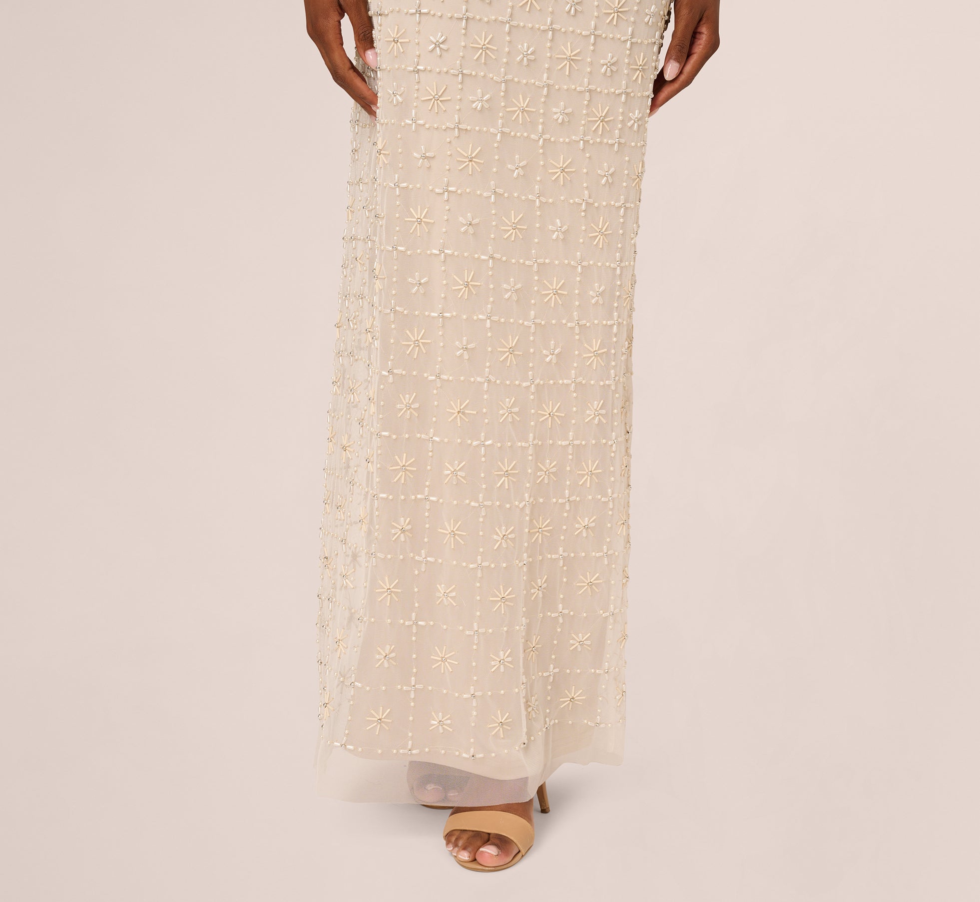 Ivory Off Shoulder Pearly Beaded Column Gown