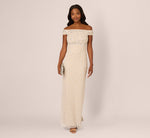 Off Shoulder Pearly Beaded Column Gown In Ivory Nude 1