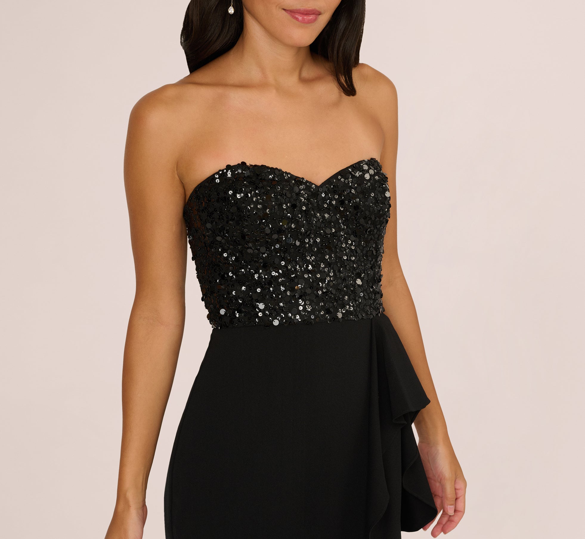 Black Strapless Sequin Ruffle Combo Gown