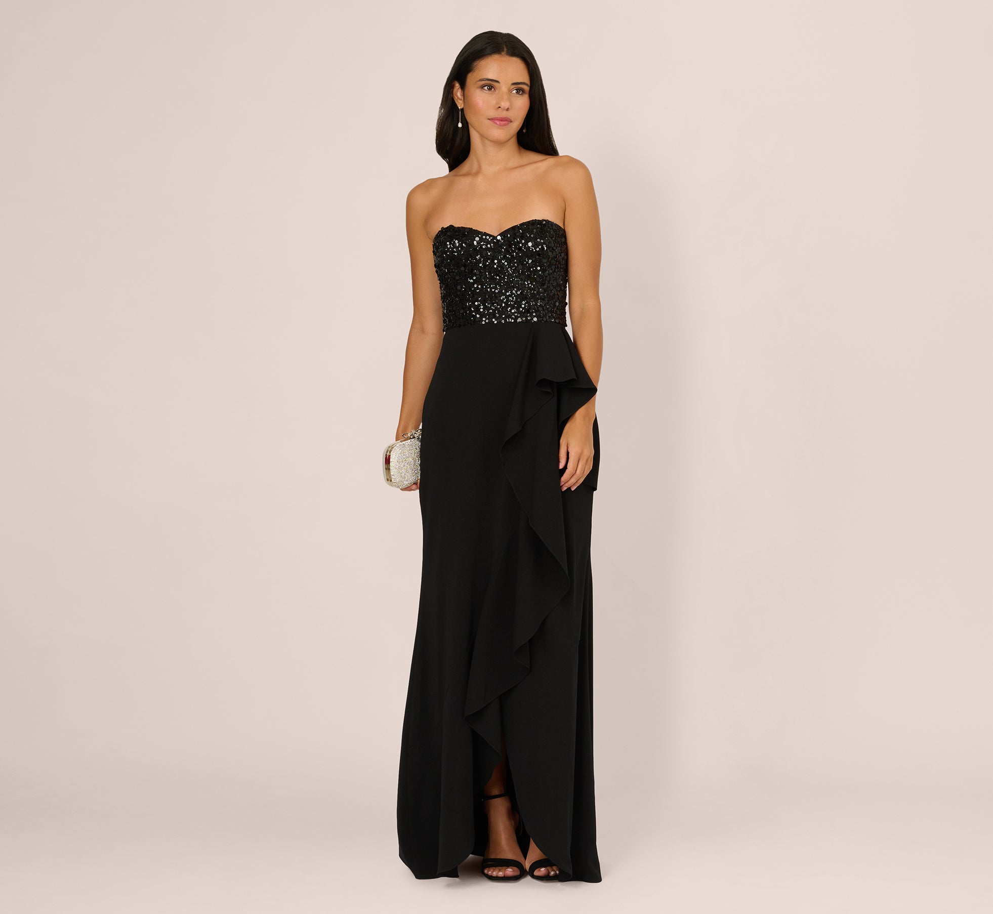 Strapless Sequin Ruffle Combo Gown In Black 1