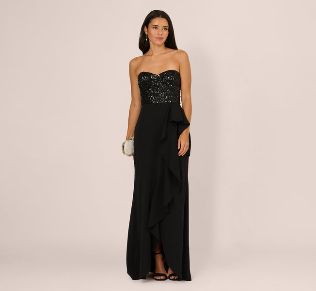adrianna papell black tie dresses Strapless Sequin Ruffle Combo Gown In Black, / Regular / 0 A beaded waistband defines Ivy Fitted Midi Dress Size:8 Years Lace bridal dress