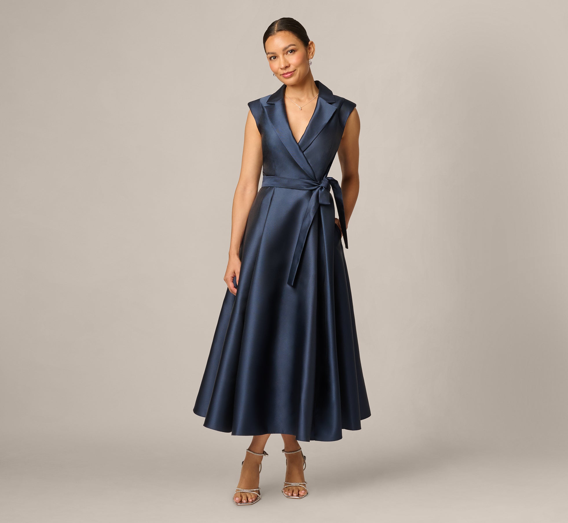navy blue formal dress petite Adrianna Papell Lapel Mikado Sleeveless - Midnight Embroidered Bodice