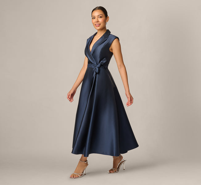 Adrianna Papell Petite Lapel Mikado Sleeveless Dress - Midnight