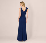 Sleeveless V Neck Bow Shoulder Gown In Navy Sateen 5