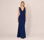 Sleeveless V Neck Bow Shoulder Gown In Navy Sateen 2