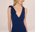 Sleeveless V Neck Bow Shoulder Gown In Navy Sateen 3