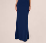 Sleeveless V Neck Bow Shoulder Gown In Navy Sateen 4