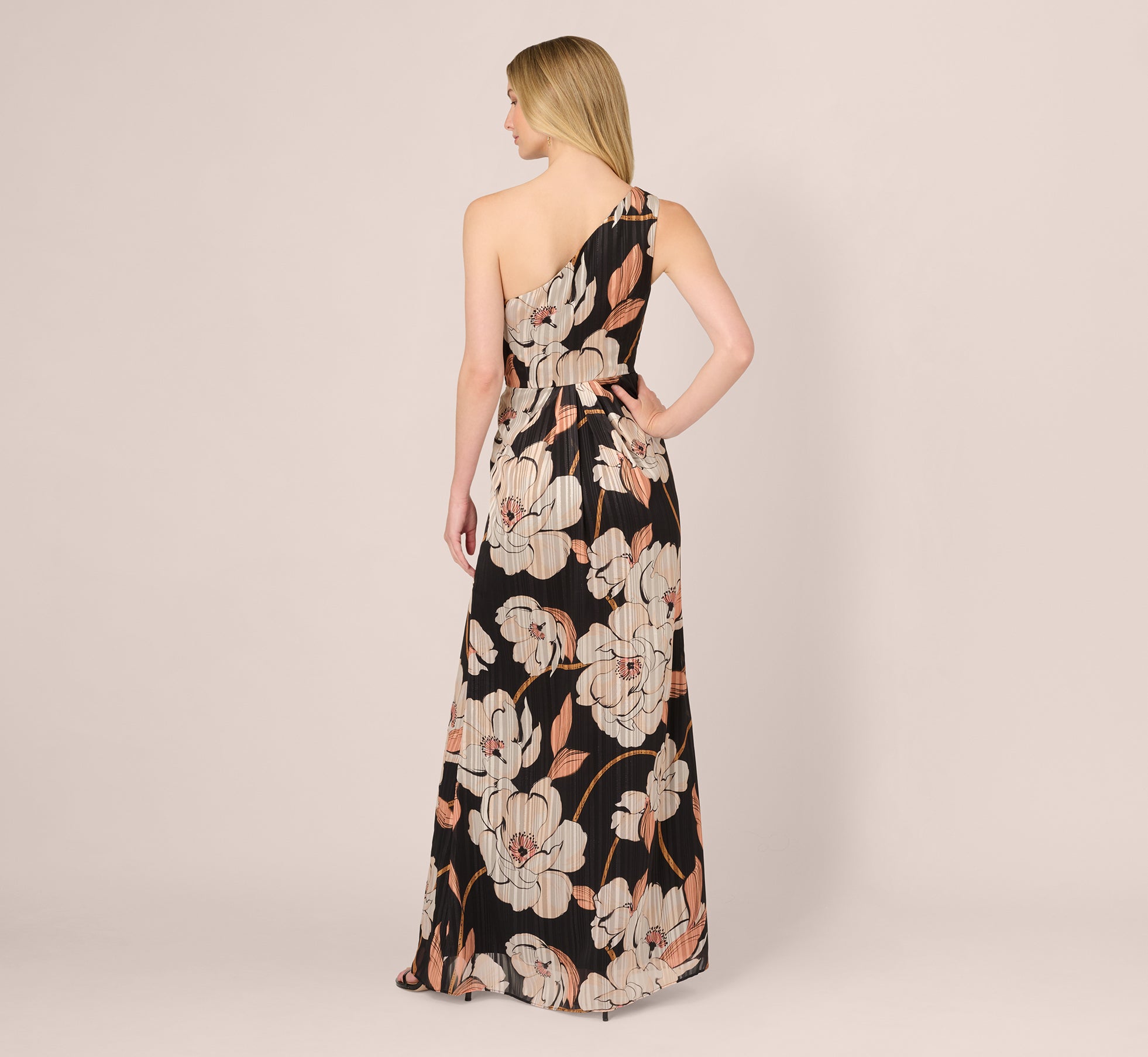 Black One Shoulder Floral Ribbon Stripe Gown
