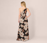 One Shoulder Floral Ribbon Stripe Gown In Black Multi 6