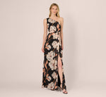 One Shoulder Floral Ribbon Stripe Gown In Black Multi 3