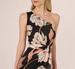 One Shoulder Floral Ribbon Stripe Gown In Black Multi 4