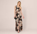 One Shoulder Floral Ribbon Stripe Gown In Black Multi 2