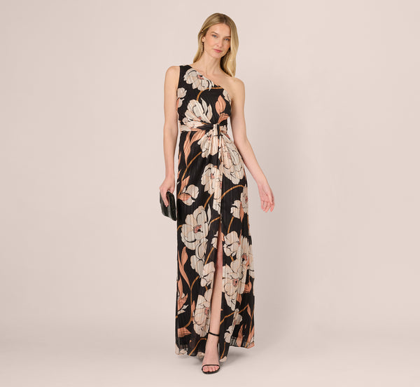 One Shoulder Floral Ribbon Stripe Gown In Black Multi - Adrianna