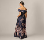 Petite Off Shoulder Metallic Floral Jacquard Gown In Navy Blush 5