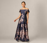 Petite Off Shoulder Metallic Floral Jacquard Gown In Navy Blush 2