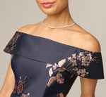 Petite Off Shoulder Metallic Floral Jacquard Gown In Navy Blush 3